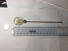 Load image into Gallery viewer, 100% natural Type A sunny green Jadeite Gold tone Alloy Hair Stick with Jade Cabochon | Auspicious Magpie & Plum Blossom Design PE19