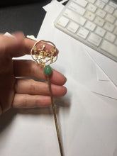 Load image into Gallery viewer, 100% natural Type A sunny green Jadeite Gold tone Alloy Hair Stick with Jade Cabochon | Auspicious Magpie & Plum Blossom Design PE19