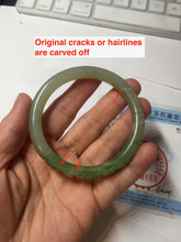 Load image into Gallery viewer, 54.3mm certificated 100% Natural green/gray 翠青 with carved peony slim nephrite Jade bangle HHE101-8780