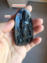 Load image into Gallery viewer, 100% Natural dark green/black jadeite jade(Mocui, 墨翠) GuanYin(观音) with Lotus & Vase Carving Pendant/handhold stone PC142