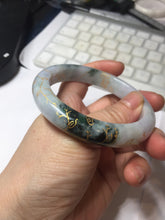 Load image into Gallery viewer, 58mm 100% Natural type A green purple white carved flowers and golden-painted round cut Jadeite Jade bangle PJ64