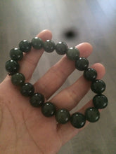 Load image into Gallery viewer, 100% Natural 11-12.5mm dark green round shape nephrite Jade bead bracelet A25 (河磨玉)