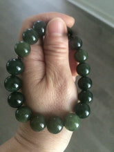 Load image into Gallery viewer, 100% Natural 11-12.5mm dark green round shape nephrite Jade bead bracelet A25 (河磨玉)