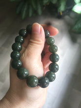 Load image into Gallery viewer, 100% Natural 11-12.5mm dark green round shape nephrite Jade bead bracelet A25 (河磨玉)
