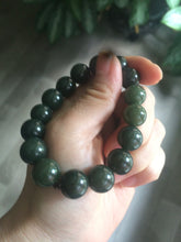 Load image into Gallery viewer, 100% Natural 11-12.5mm dark green round shape nephrite Jade bead bracelet A25 (河磨玉)