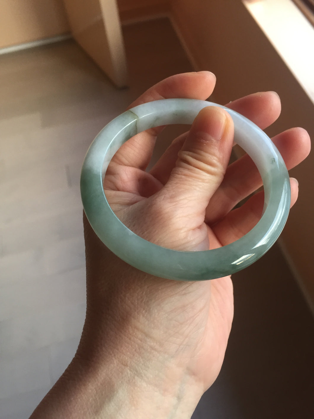 57.5mm certified 100% natural Type A watermelon-rind green white Cool White Base with Misty Green Patches jadeite bangle PE18-2116