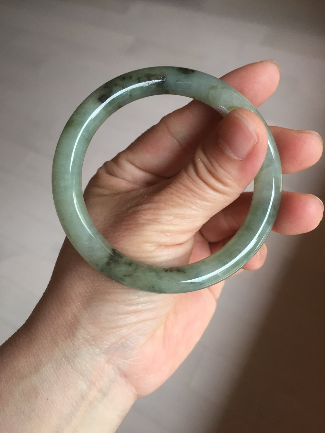 54.5mm Certified type A 100% Natural light green dark green floating seaweed slim round cut Jadeite bangle PC59-6609
