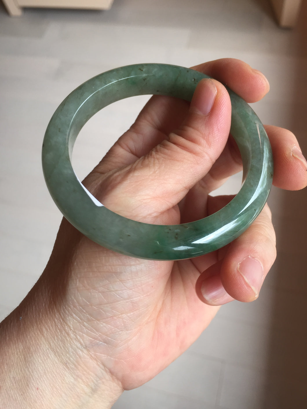 57.2mm certified Type A 100% Natural icy watery dark green gray Jadeite Jade bangle PC15-0368