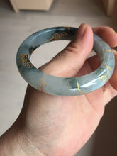 Load image into Gallery viewer, 54mm 100% Natural type A icy watery dark green with floating flowers and carved and golden-painted Jadeite Jade bangle PA172-8572
