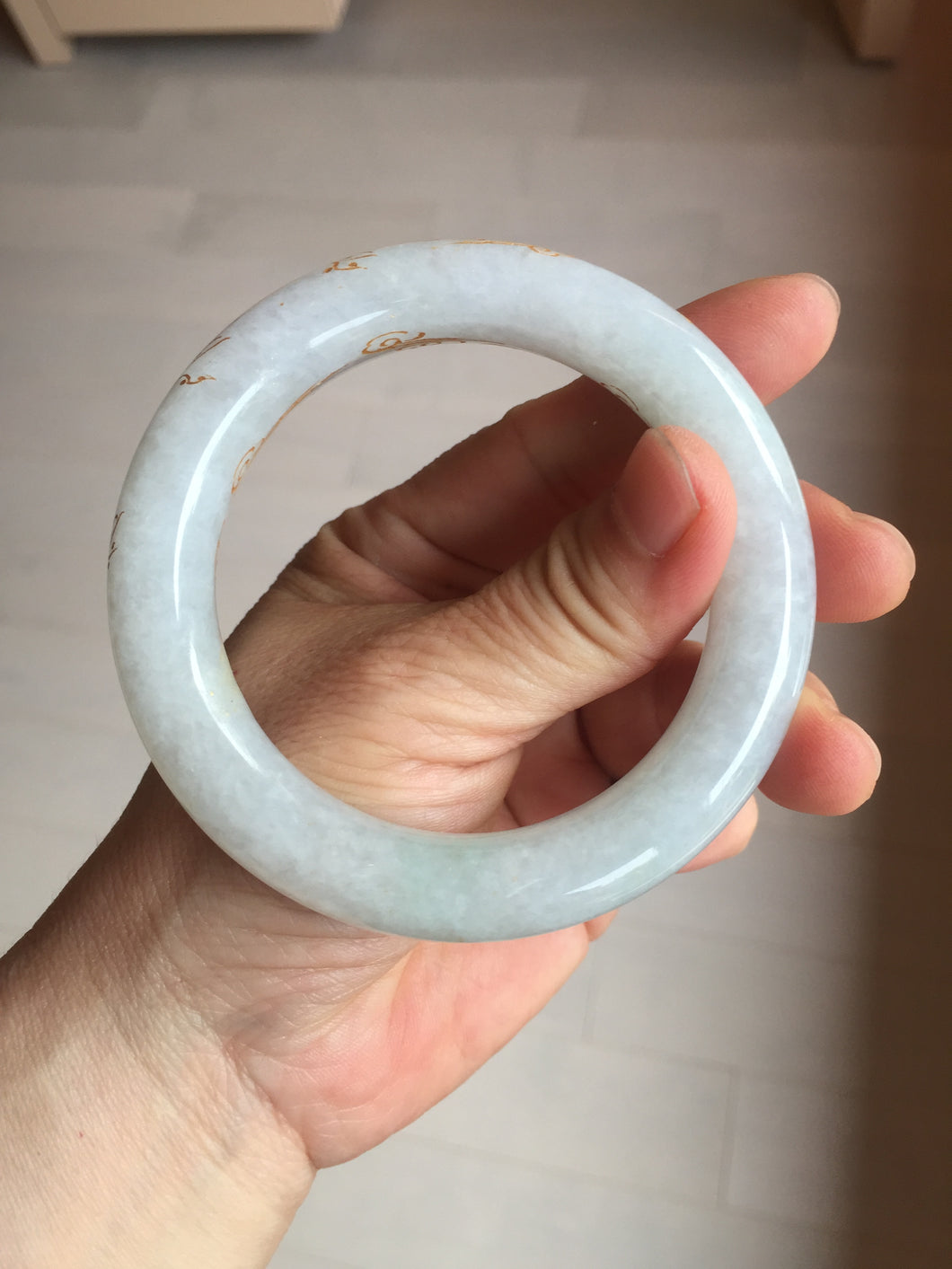 56.5mm 100% Natural type A icy watery green/blue carved and golden-painted chubby round cut Jadeite Jade bangle PC75