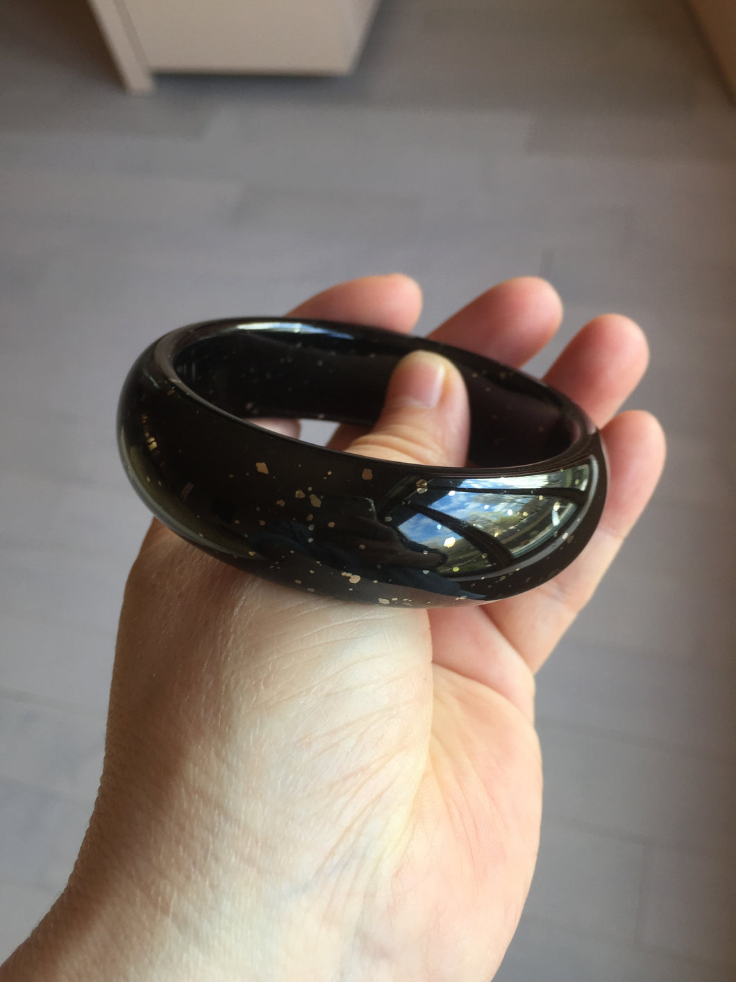 58mm 100% Natural dark green/black meteorite Stellar Night sky broad style nephrite Jade bangle HF116-1263