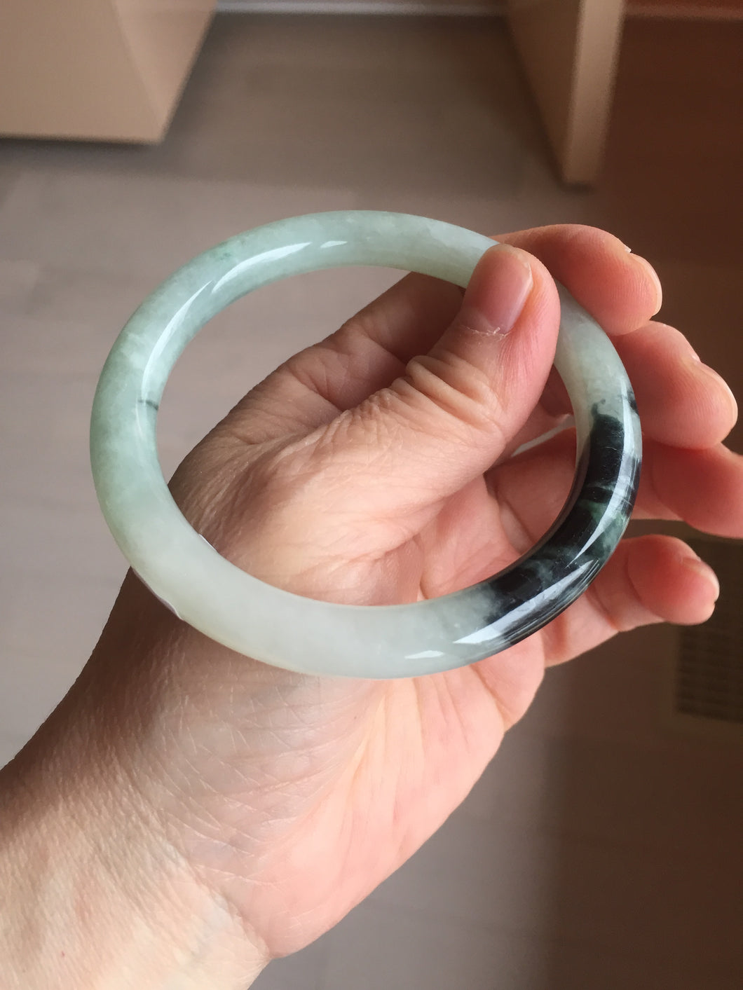 58.4mm Certified Type A 100% Natural light green with flying dark green flowers round cut Jadeite bangle PE22-5861