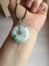 Load image into Gallery viewer, 24-28mm 100% Natural green/purple with sunny green floating flowers jadeite Jade Safety Guardian Button(donut) Pendant/worry stone H152
