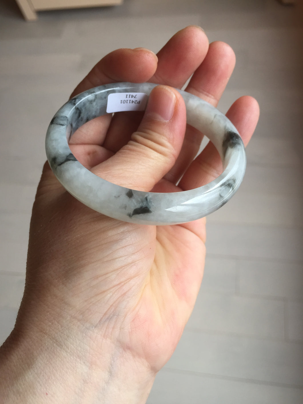 51.5mm certificated Type A 100% Natural icy watery light green/white with dark green floating flowers chinese ink painting oval Jadeite Jade bangle PB125-7411