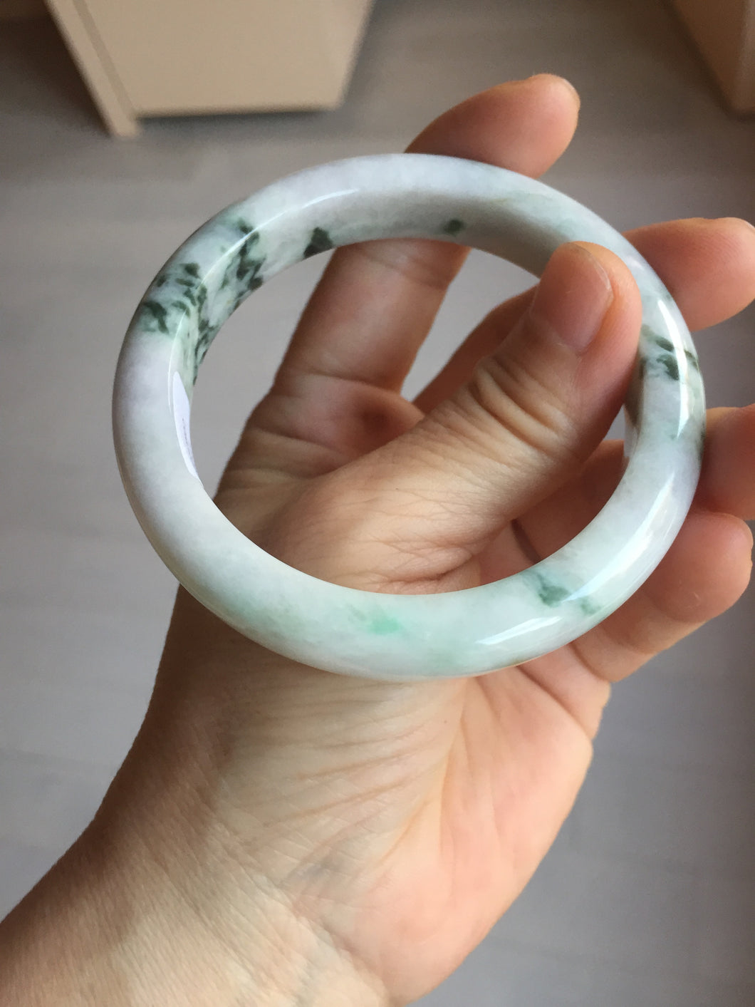 57.7mm certified 100% natural green/purple/brown(Fu Lu SHOU) with green floating flowers jadeite jade bangle PD141-6311