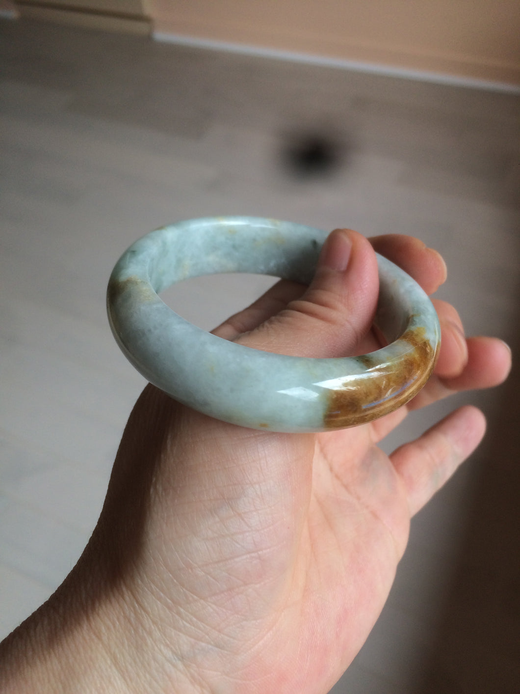 53.5mm certified Type A 100% Natural light green/brown Jadeite Jade bangle AR93-0722