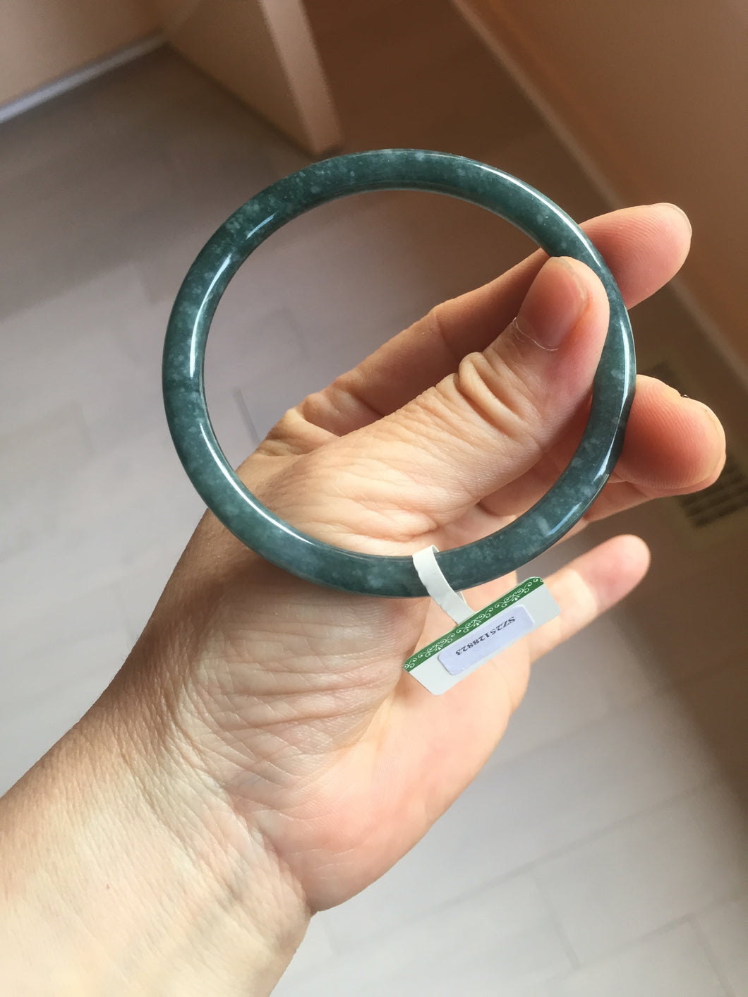 58.8mm Certified Type A 100% Natural dark green/blue/gray with flying snow Guatemala slim round cut Jadeite bangle PA152-8823
