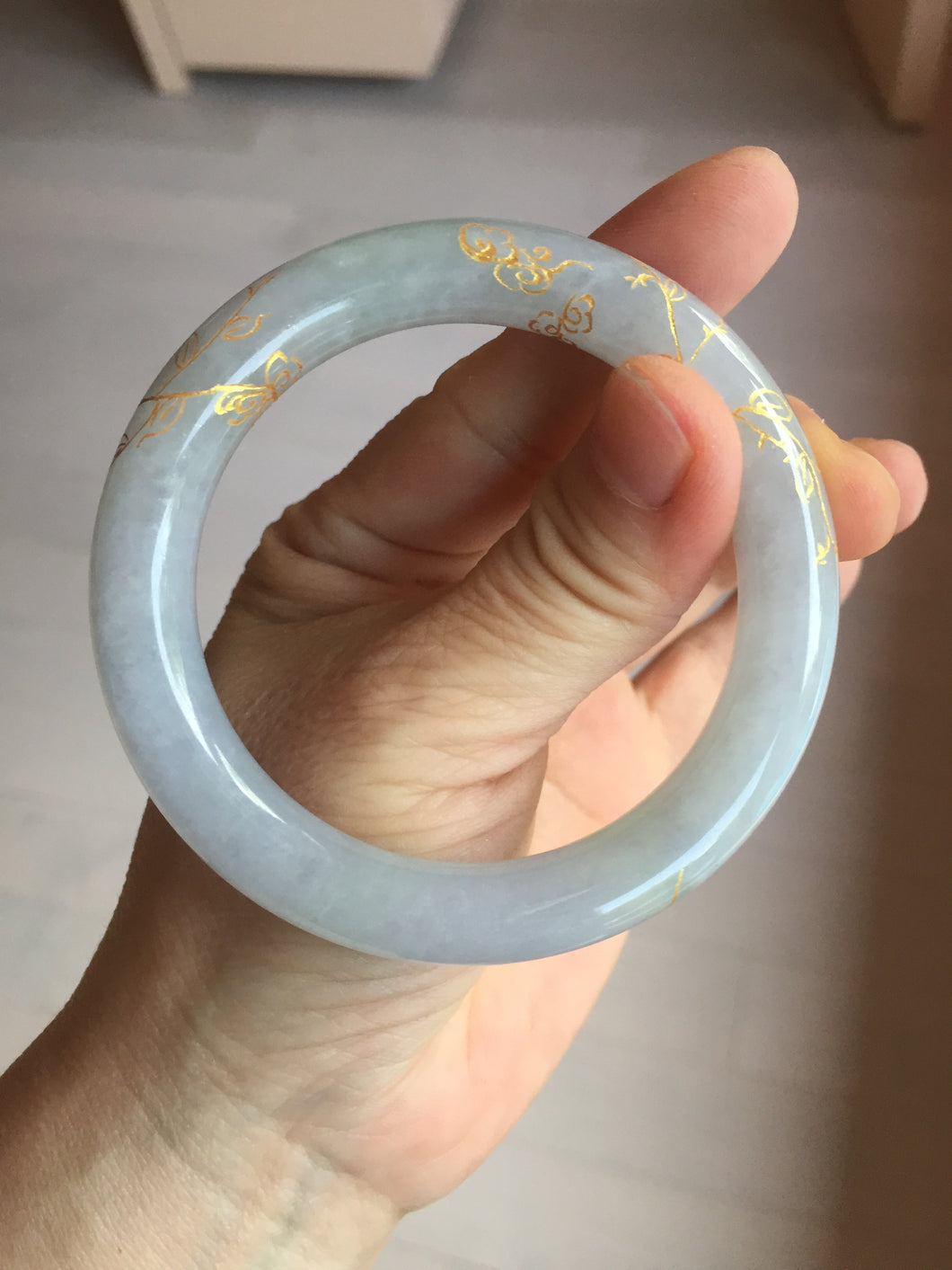 52.3mm 100% Natural type A light green purple carved and golden-painted Jadeite Jade bangle PB213