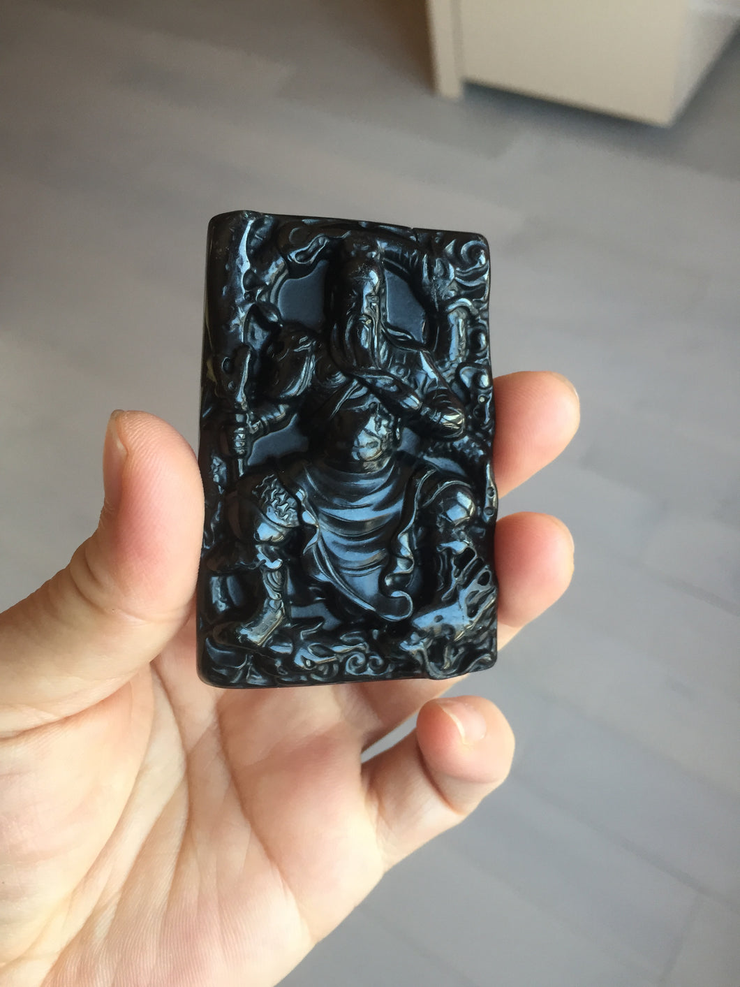 100% Natural type A dark green black jadeite jade(墨翠, mocui) God of wealth General Guan (武财神关公) pendant pendant/worry stone AA64
