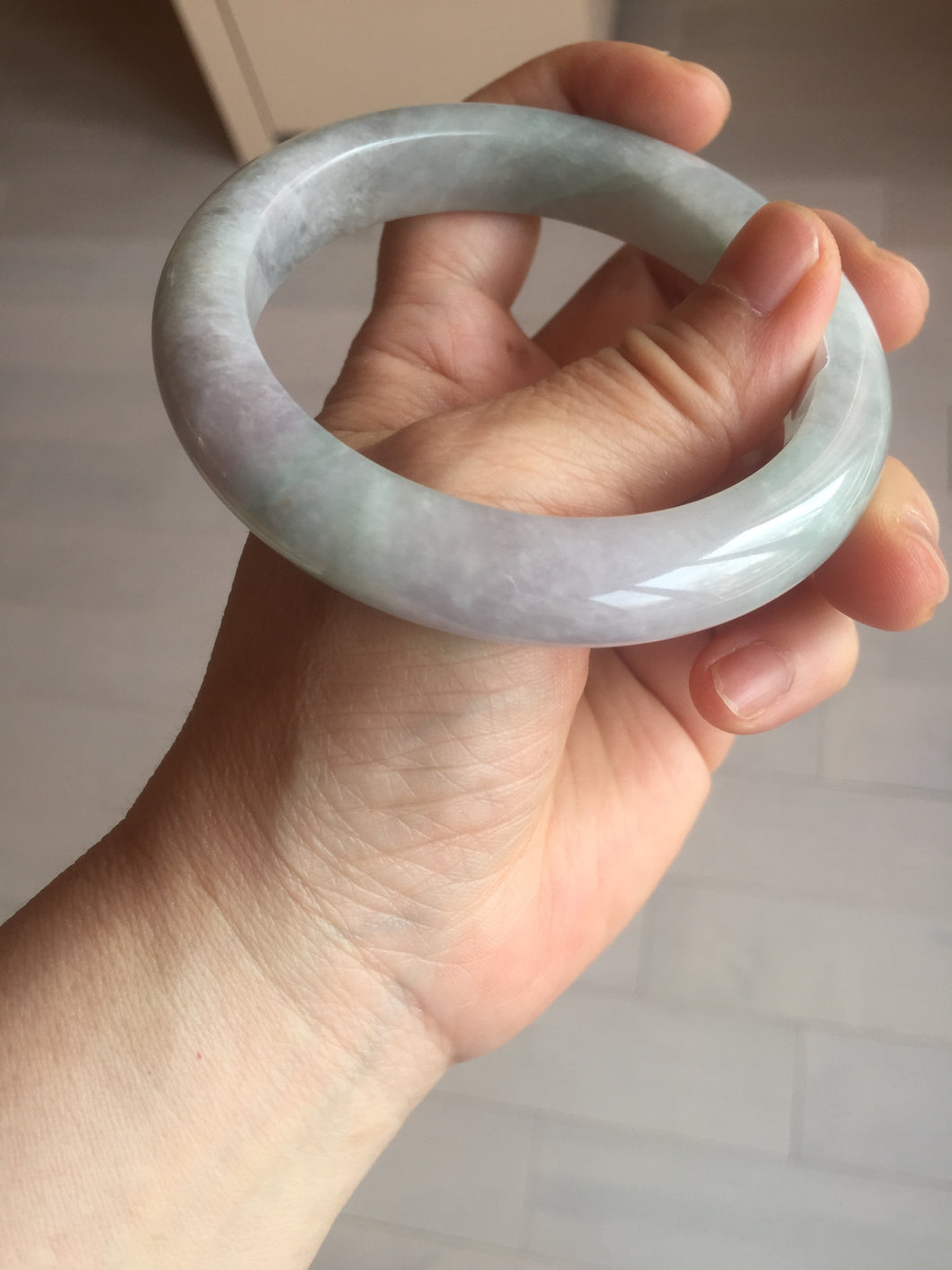 60.5mm Certified Type A 100% Natural icy watery green/purple chubby Jadeite Jade bangle E146-9537