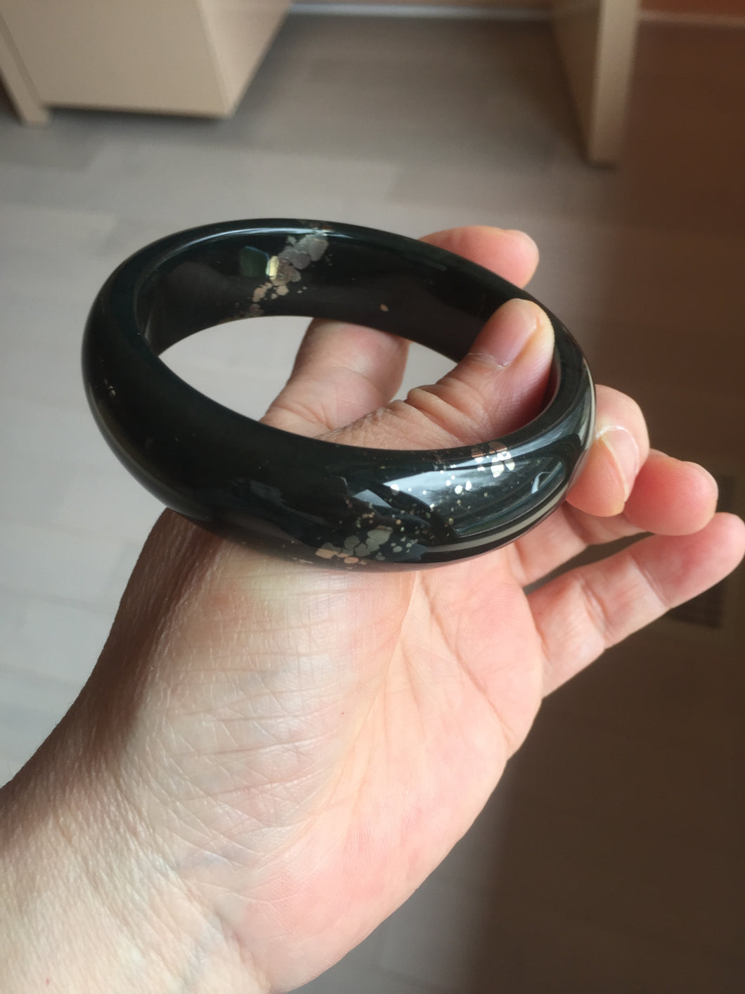60mm 100% Natural dark green/black meteorite Stellar Night sky broad style nephrite Jade bangle HF108-0063