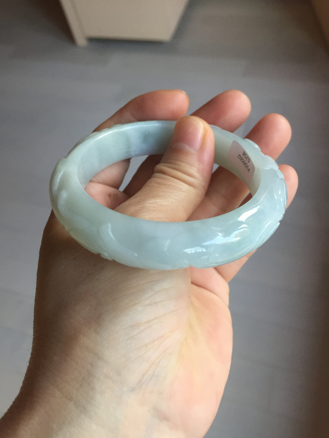 55.3mm Certified Type A 100% Natural light green with carved Ancient Coin, Auspicious Cloud, and Lingzhi Jadeite Jade bangle PD148-6258