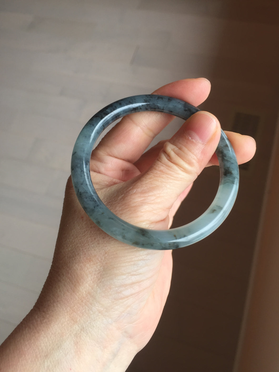 55.4mm Certified Type A 100% Natural icy watery dark green/gray round cut Jadeite bangle AA133-6936