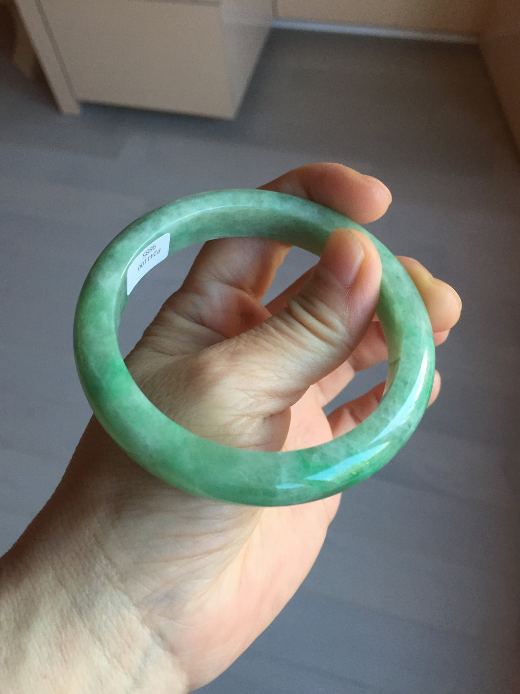 60mm Certified Type A 100% Natural sunny green gray Jadeite Jade bangle BG234-9885