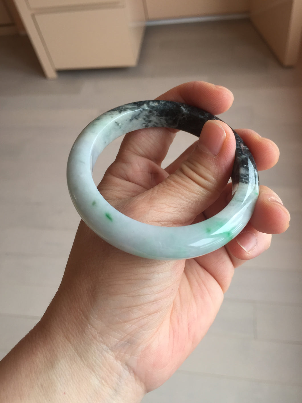 53.5mm certified 100% natural Type A sunny green dark green purple  jadeite jade bangle AA34-4258