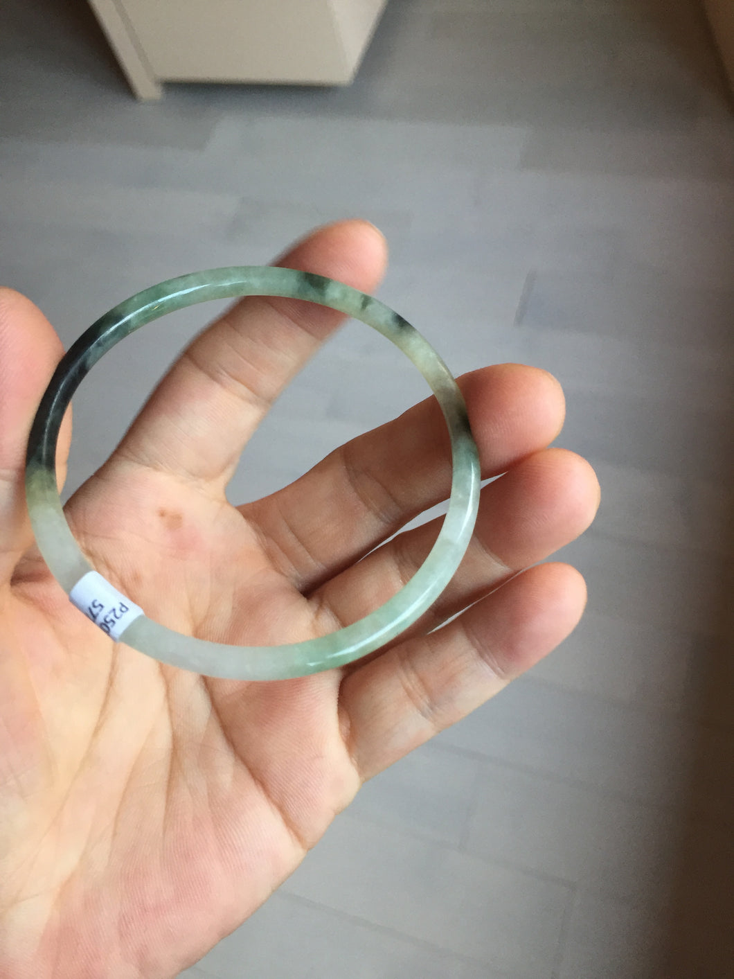 57mm Certified Type A 100% Natural green/black/gray with dark green floating flowers super slim round cut Jadeite bangle PD47-5770