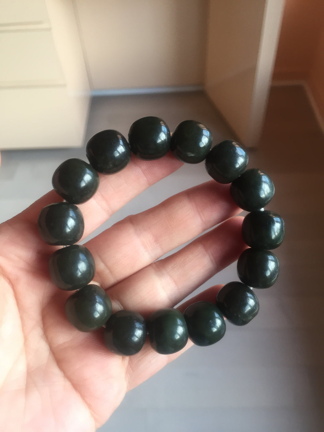 100% Natural 14x12.5mm dark green/black/brown vintage style nephrite Jade bead bracelet HE97