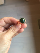 Load image into Gallery viewer, 100% Natural green black nephrite (碧玉) cabochon Jade ring (adjustable size) HE110

