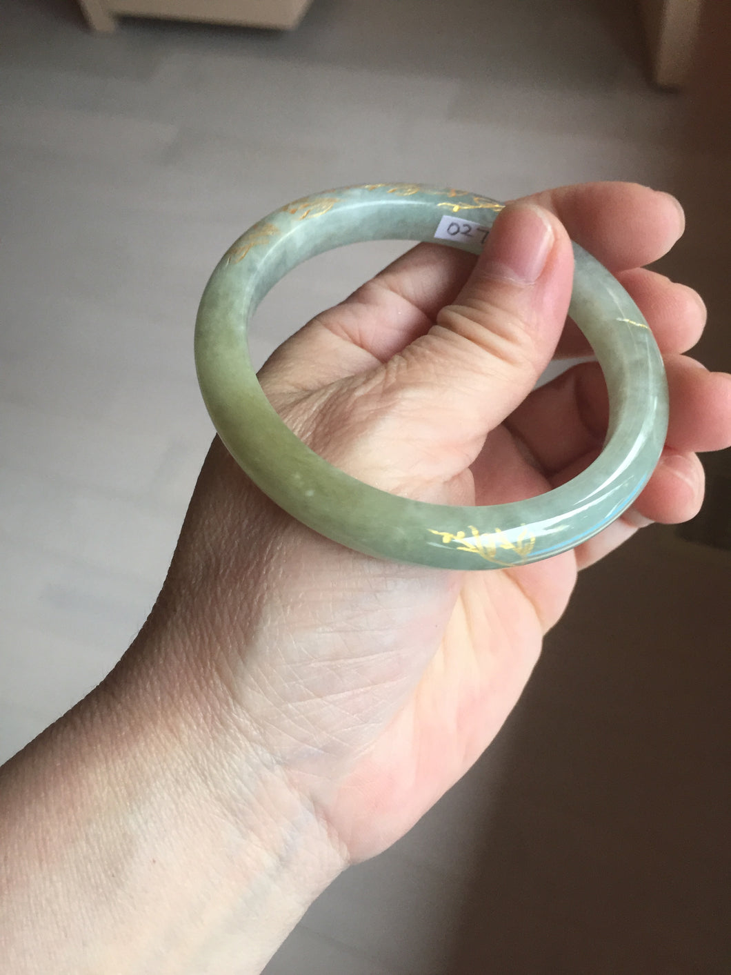 54.9mm 100% Natural type A dark green yellow carved flowers and golden-painted Jadeite Jade bangle PD97-0277