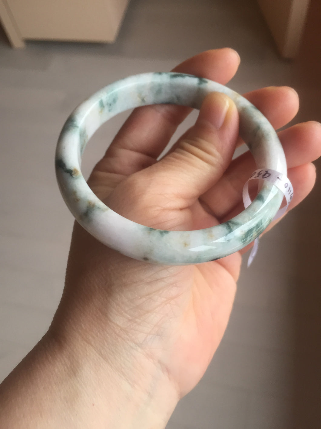 59.8mm Certificated Type A 100% Natural White purple with green floating flowers Jadeite Jade bangle G110-9508