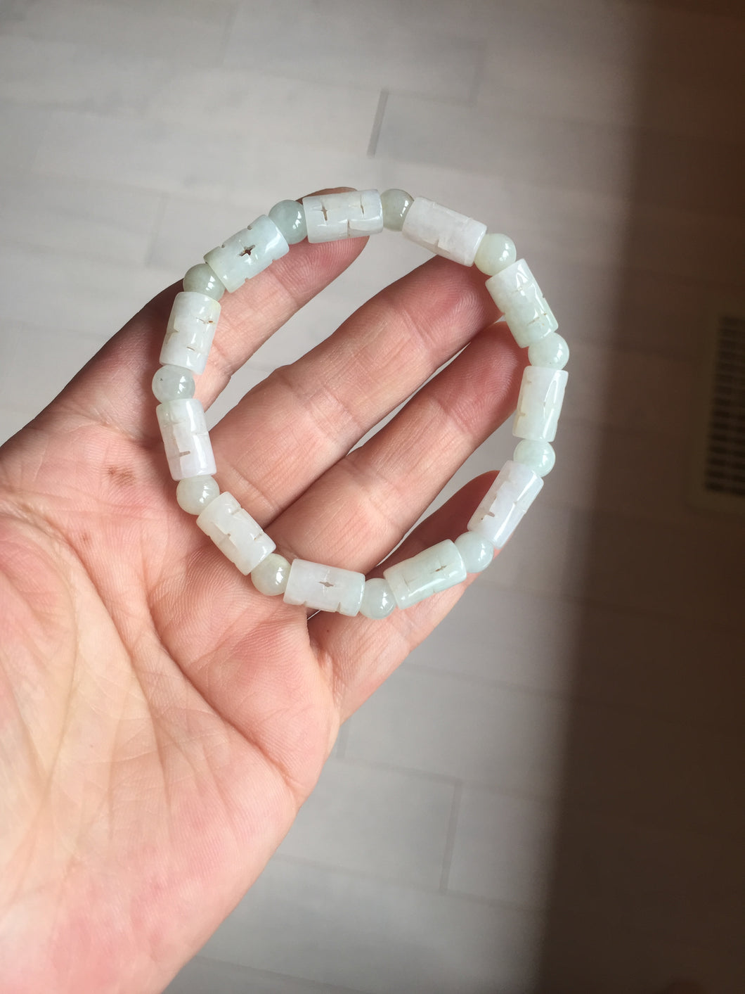 Size 52-62mm 100% natural type A white light green vintage style bamboo joints with hollow cross-shaped patterns jadeite jade beads bracelet PC52
