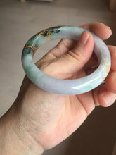 Load image into Gallery viewer, 53.6mm 100% Natural type A dark green purple white carved plum bossom and golden-painted Jadeite Jade bangle PD91-0269

