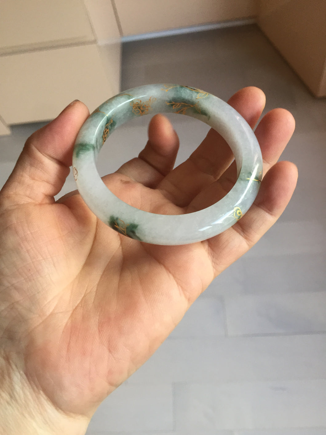 55mm 100% Natural type A green white green floating flowers carved and golden-painted Jadeite Jade bangle PA168-2337