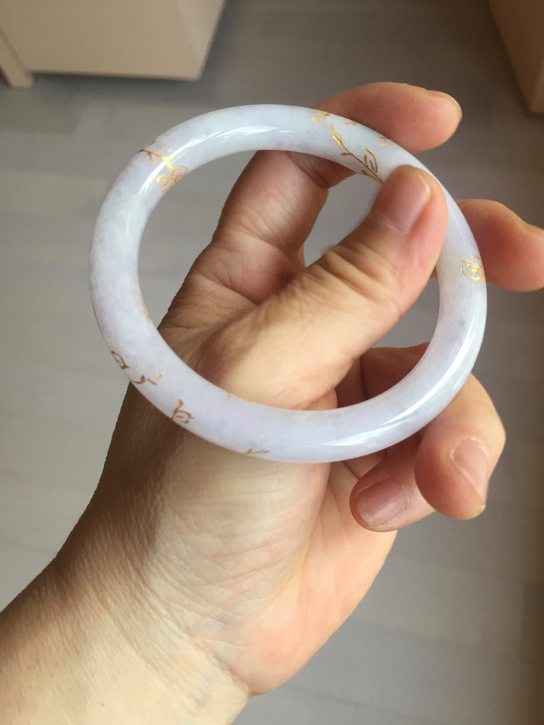 56mm 100% Natural type A light purple white carved and golden-painted round cut Jadeite Jade bangle PA175-9116