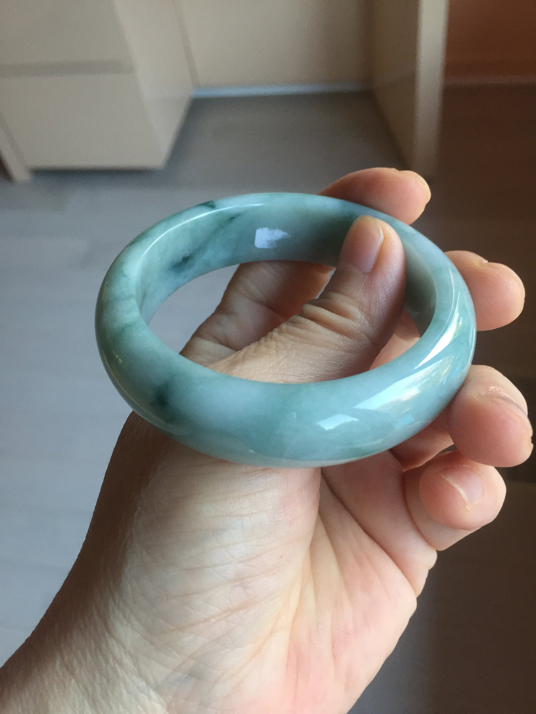 54mm certified 100% natural Type A green white with green floating flowers chubby jadeite bangle PB245-9551