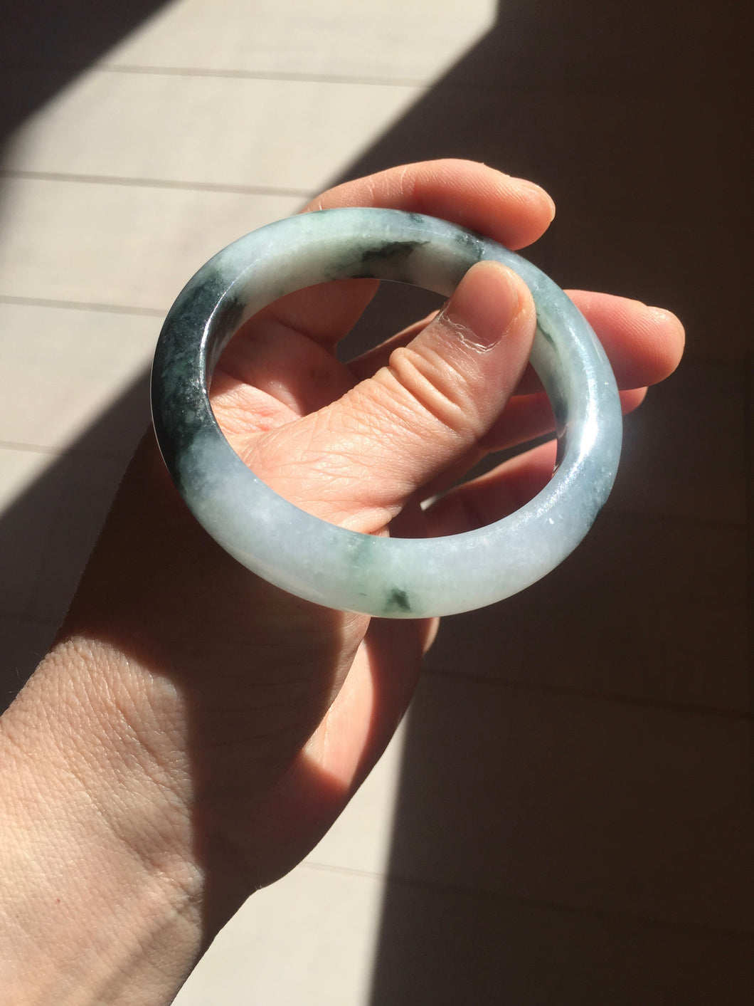 54.3mm Certified Type A 100% Natural icy watery dark green/white//black Jadeite Jade bangle BM8-8573