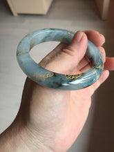 Load image into Gallery viewer, 54mm 100% Natural type A icy watery dark green with floating flowers and carved and golden-painted Jadeite Jade bangle PA172-8572
