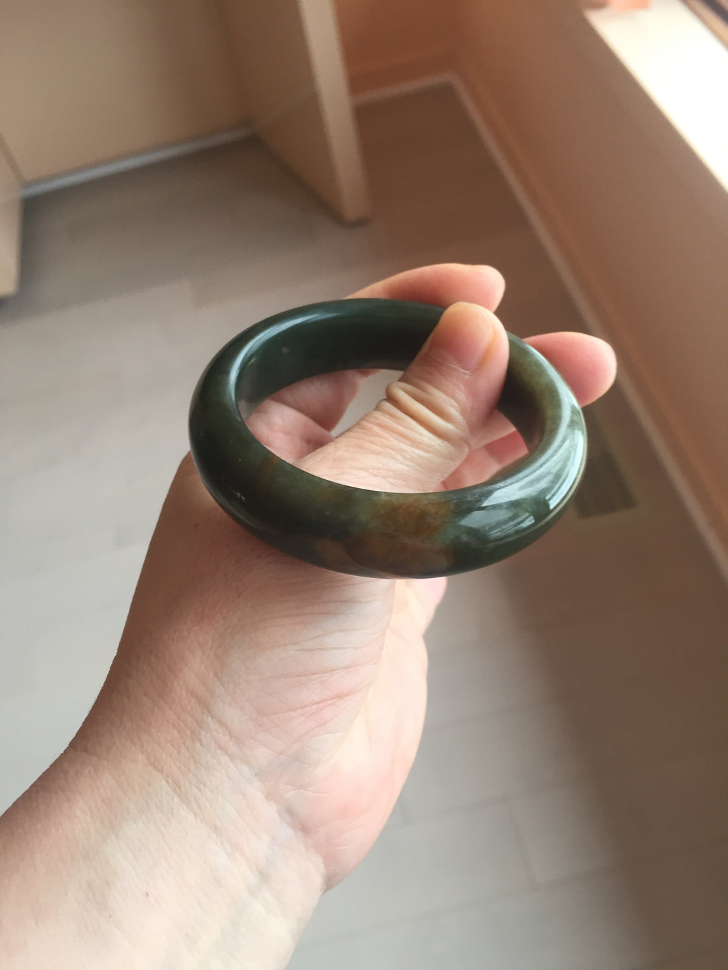 52.3mm 100% Natural dark green yellow nephrite Jade bangle(河磨玉) HE103