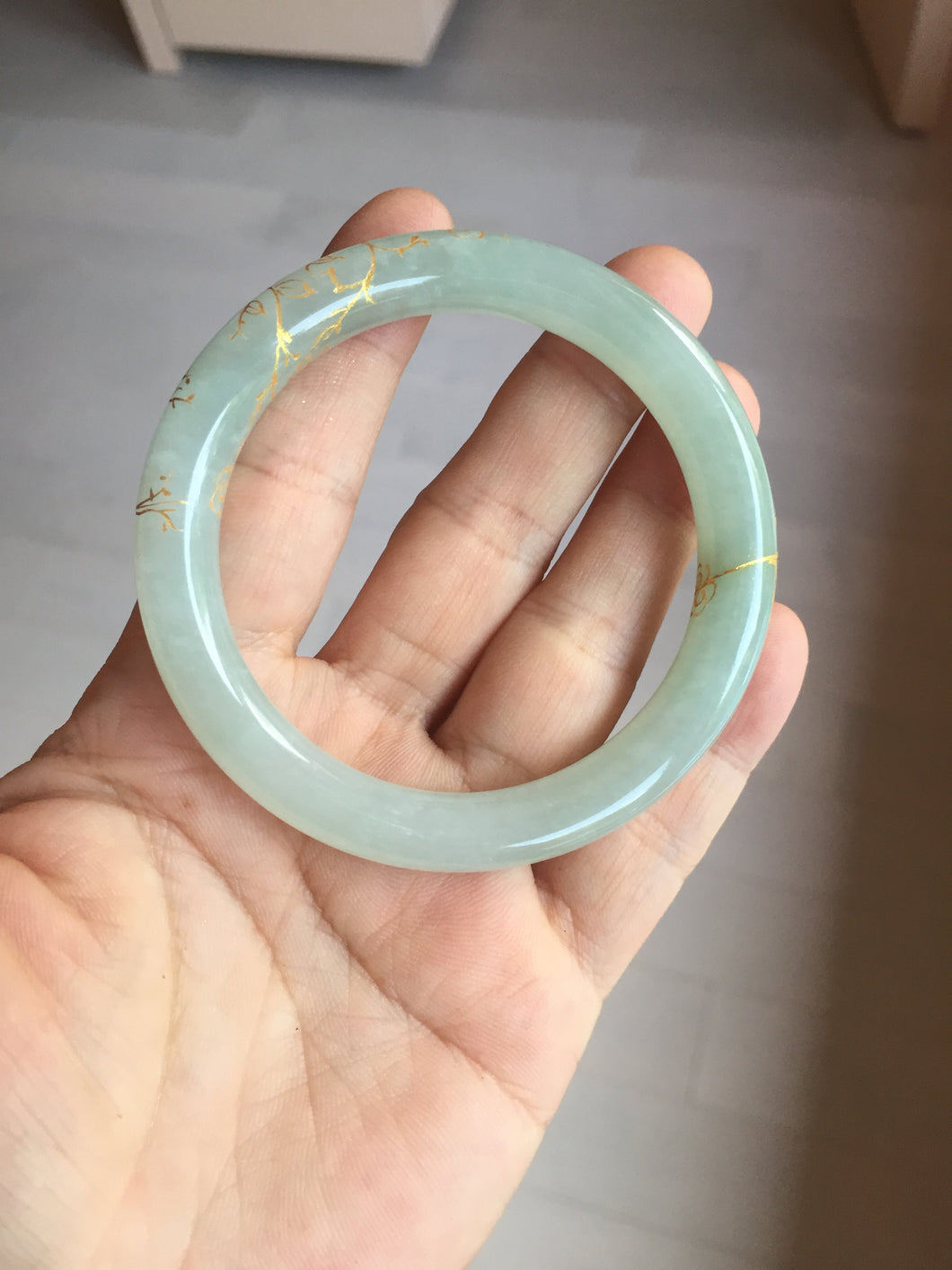 53.7mm 100% Natural type A icy watery light green carved and golden-painted round cut Jadeite Jade bangle Pb212-2404