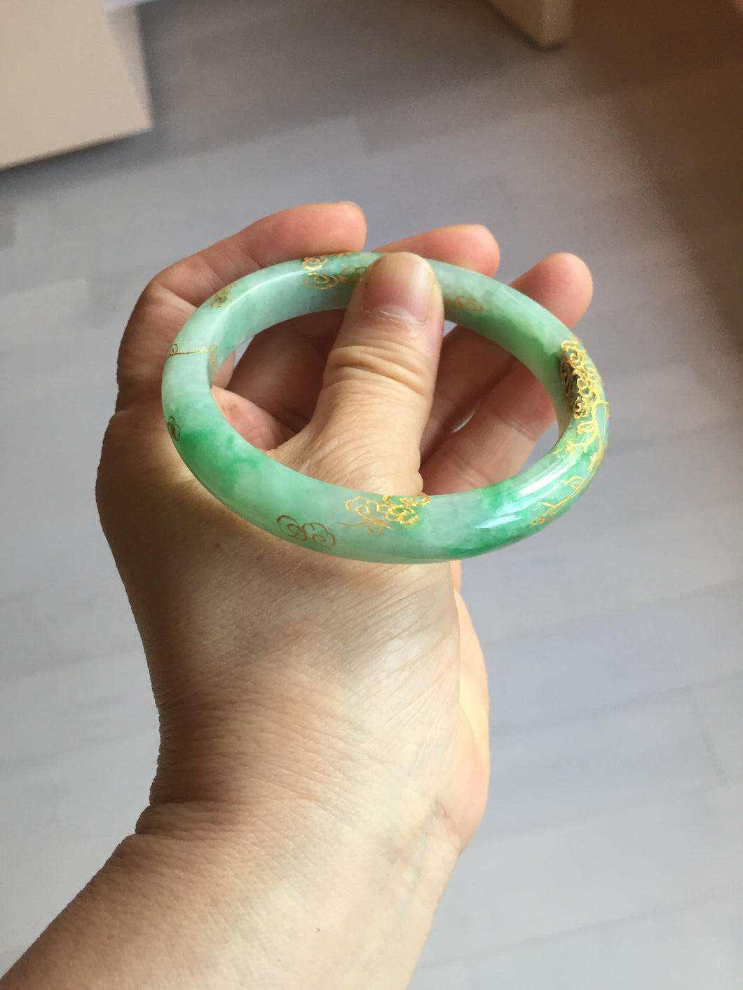58.5mm Certified 100% Natural type A icy watery green/light with green flying flowers carved and golden-painted Jadeite Jade bangle PA166-4652