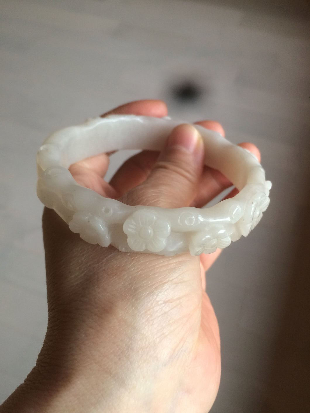 62.3mm 100% natural pale pink/white carved Plum blossoms Quartzite (Shetaicui jade) bangle SY7