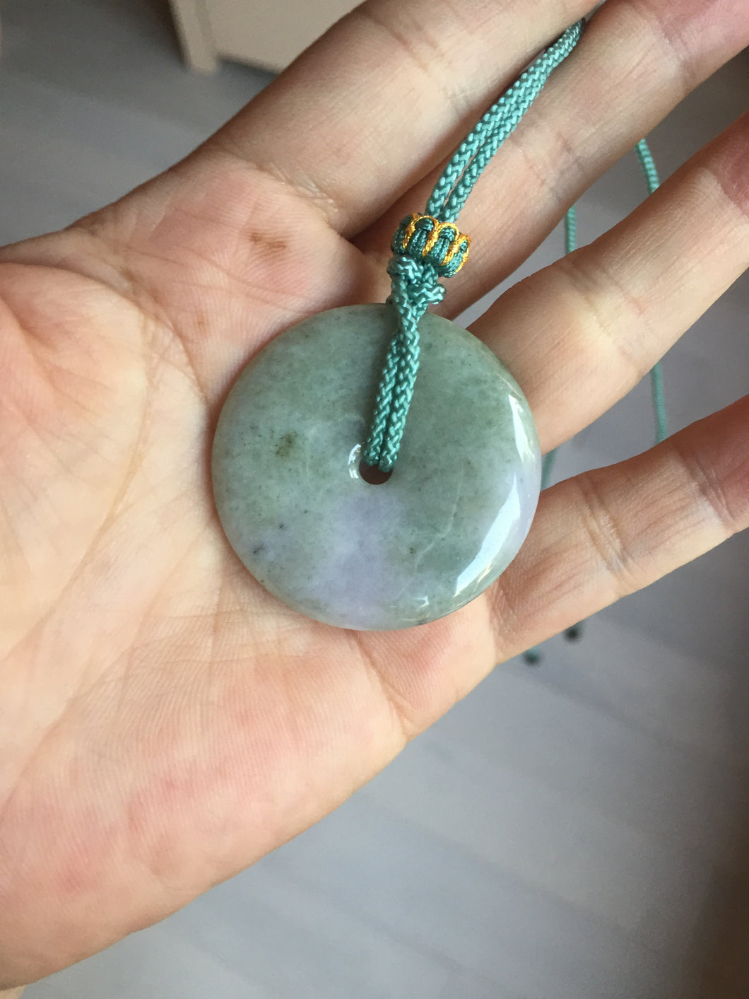 37mm Type A 100% Natural light green purple Jadeite Jade Safety Guardian Button donuts pendant PA108