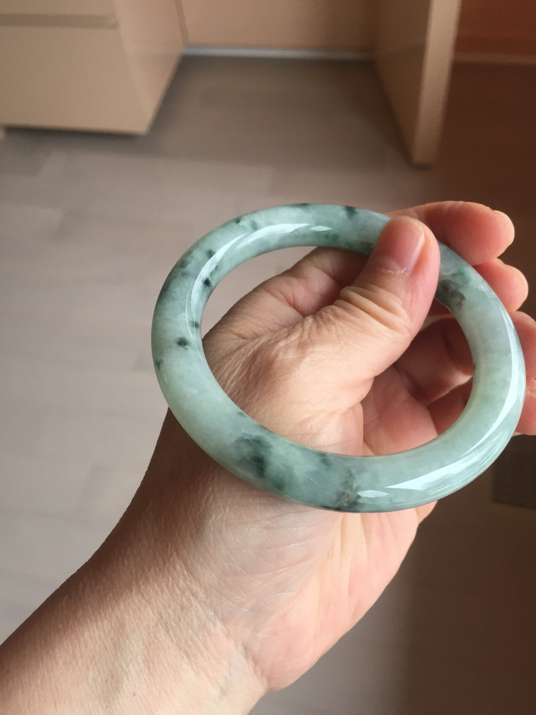 58mm Certified Type A 100% Natural light green with flying dark green flowers round cut Jadeite bangle PE21-5864