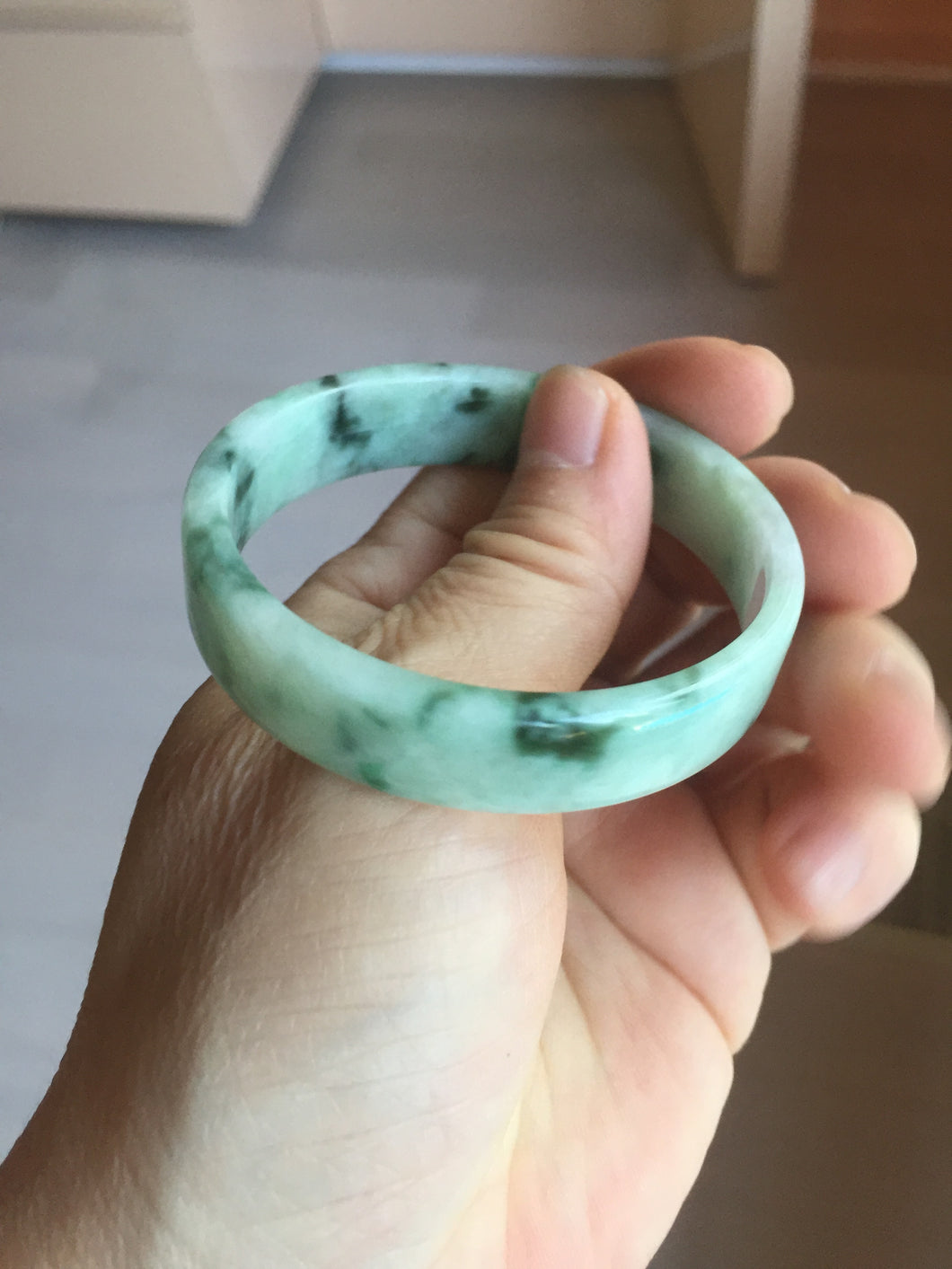 51.7mm Certified type A 100% Natural sunny green dark green purple with green flying flowers square Jadeite Jade bangle PA70-6947