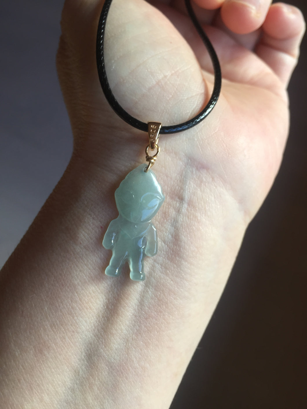 100% natural type A icy watery light green blue gray Guatemala jadeite little alien hero pendant PE26