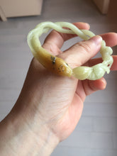 Load image into Gallery viewer, 61mm 100% Natural Yellow Orange 3D Carved Fish, Lotus Flowers &amp; Twisted Braided Xiu Jade (Serpentine) Bangle CB84
